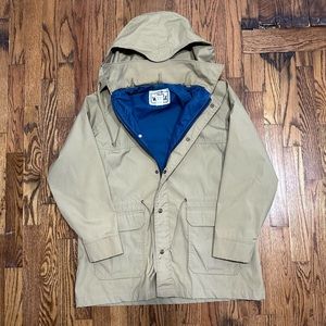 Vintage THE WOOLRICH WOMAN Style #6801 Tan Hooded Parka Coat Jacket Sz Large L